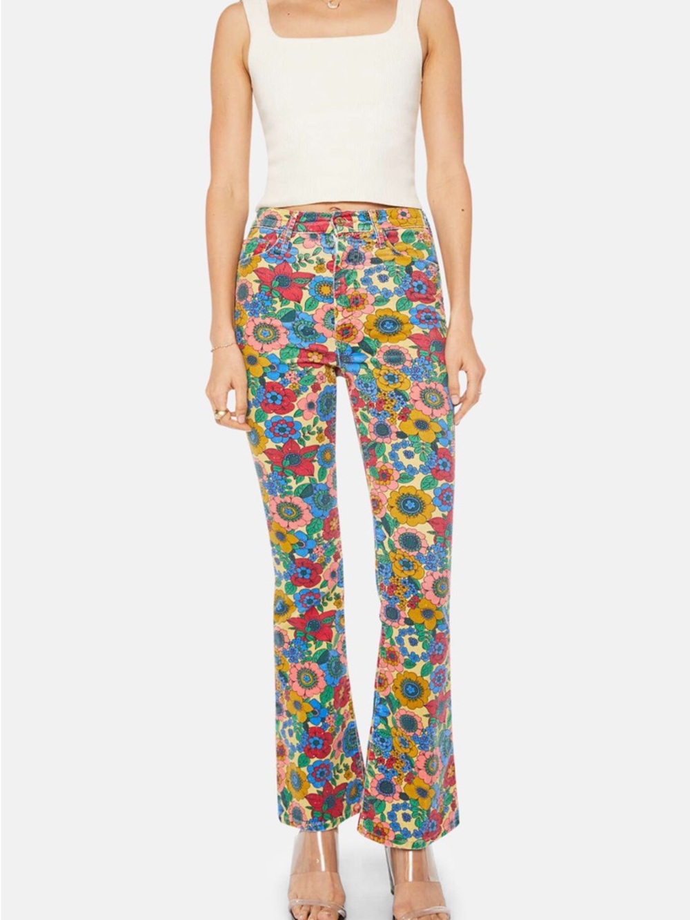 NWOT MOTHER High-Waisted Weekender Skimp in Track Flower & Fields Flare Jeans